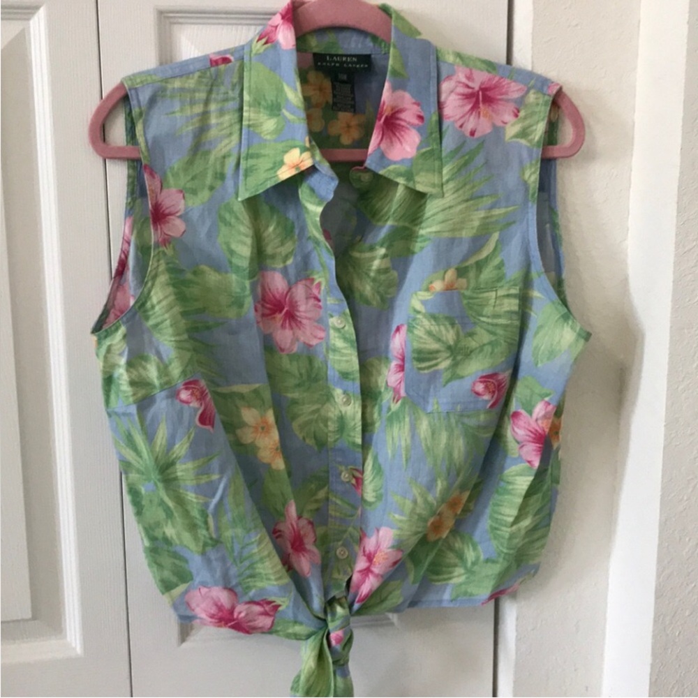 Ralph Lauren Linen Crop Top Buttons Sleeveless Knot Floral 14W
